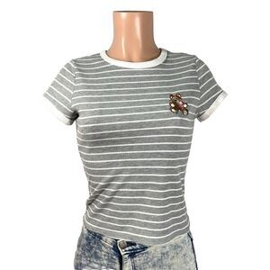 Riley & James Striped Embroidered Bear Crop Top Women's Size L Large Juniors Tee